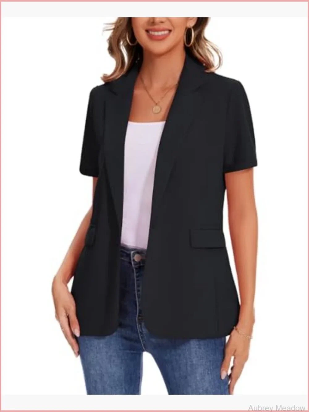 Short Sleeve Blazer Lightweight Button Front Business Jacket Notched Lapel Work